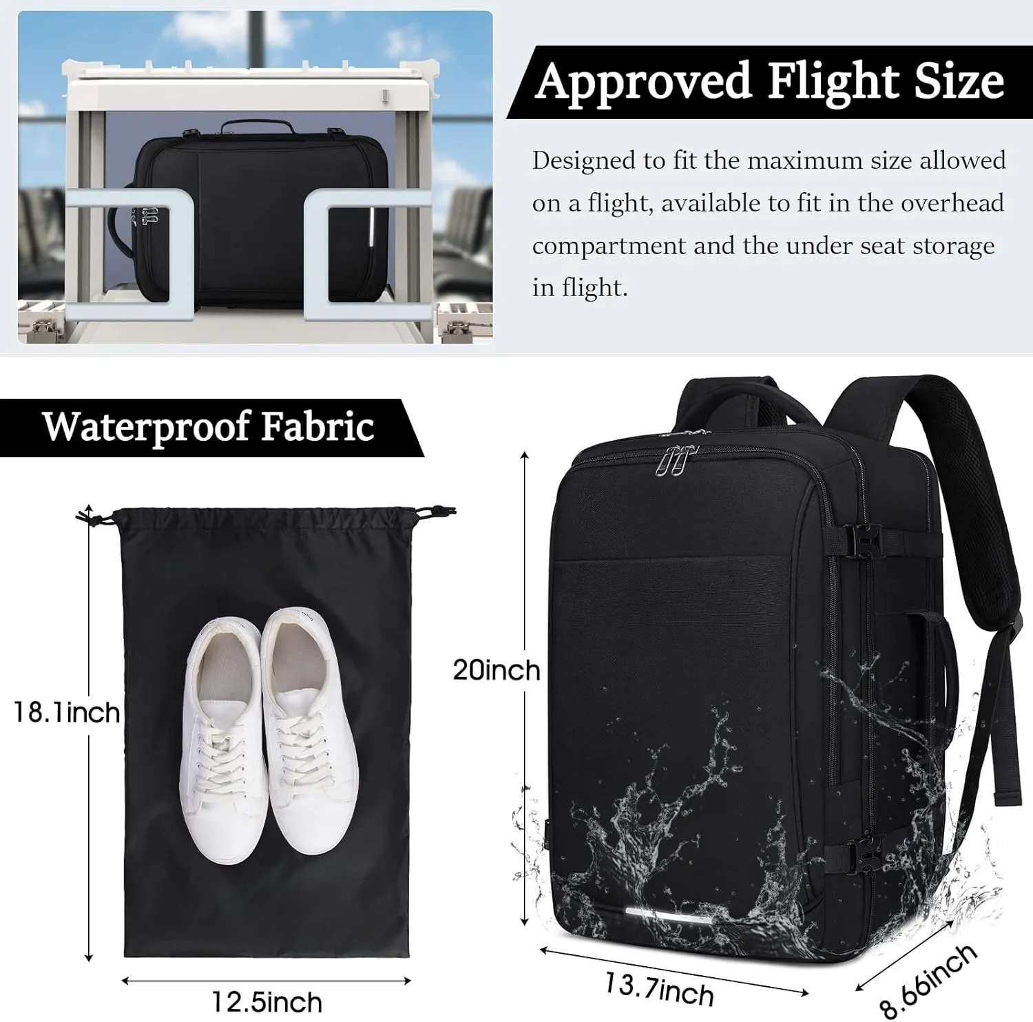 IGOLUMON Travel Backpack for Men Women 40L Flight Approved Carry on Backpack 17 Inch Waterproof Laptop Backpack Large Luggage Daypack Business College Weekender Overnight Backpack with Shoe Bag, Black