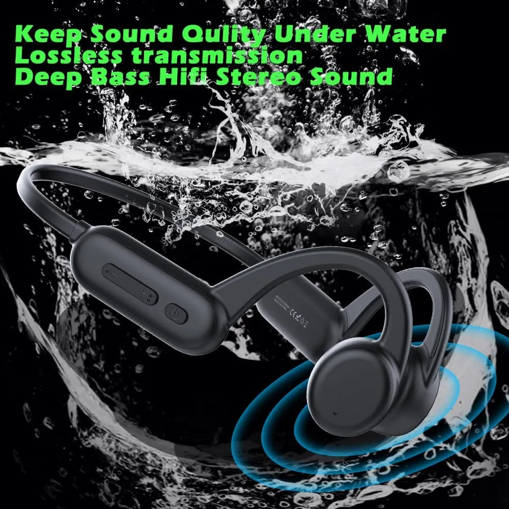 IHAO Swimming Headphones True Bone Conduction Open Ear Headset MP3 Player Built-in 32G Memory IP68 Underwater Waterproof Stereo Bluetooth Earphone for Driving Bicycling Running Skiing-X18 Black