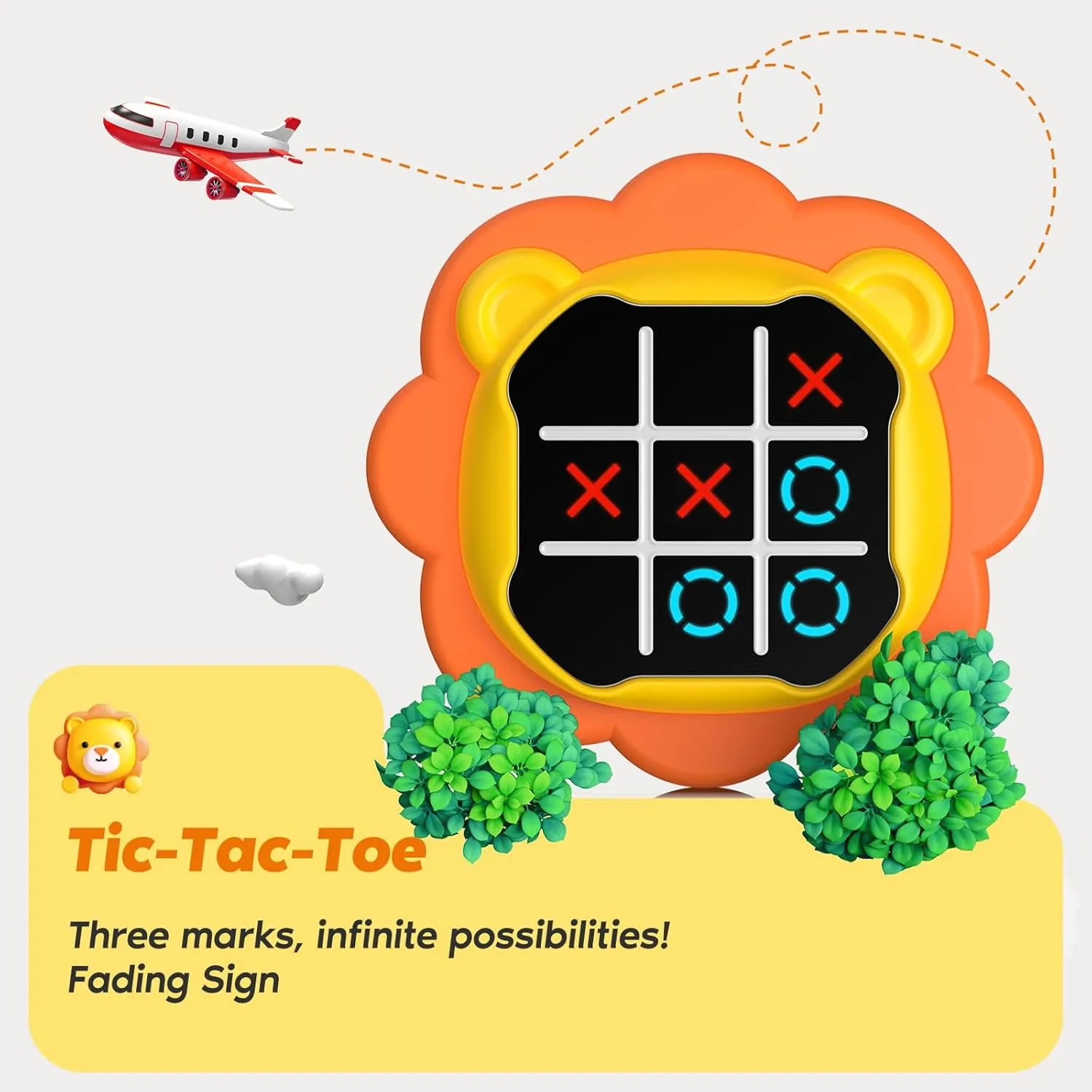 INKLAB Tic Tac Toe Game, Animal-Themed 3-in-1 Handheld Puzzle Game Console, Board Games for Kids and Adults, Portable Travel Games for Car Ride, Birthday Gifts for Ages 3 , Lion