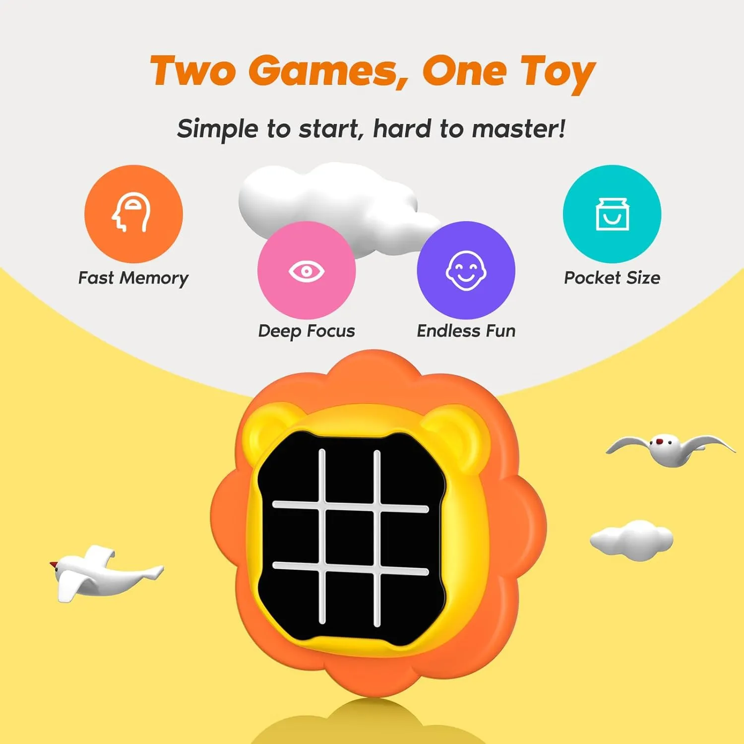 INKLAB Tic Tac Toe Game, Animal-Themed 3-in-1 Handheld Puzzle Game Console, Board Games for Kids and Adults, Portable Travel Games for Car Ride, Birthday Gifts for Ages 3 , Lion