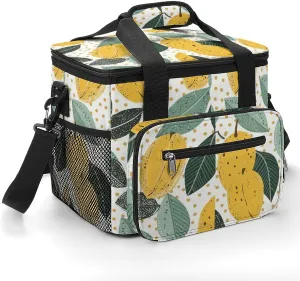 Insulated Camping Cooler Bag, Lemon Leaf Pattern Dots Print Ice Pack with Leakproof Lining 22.5L Capacity Portable Thermal Bag for Camping,Picnic