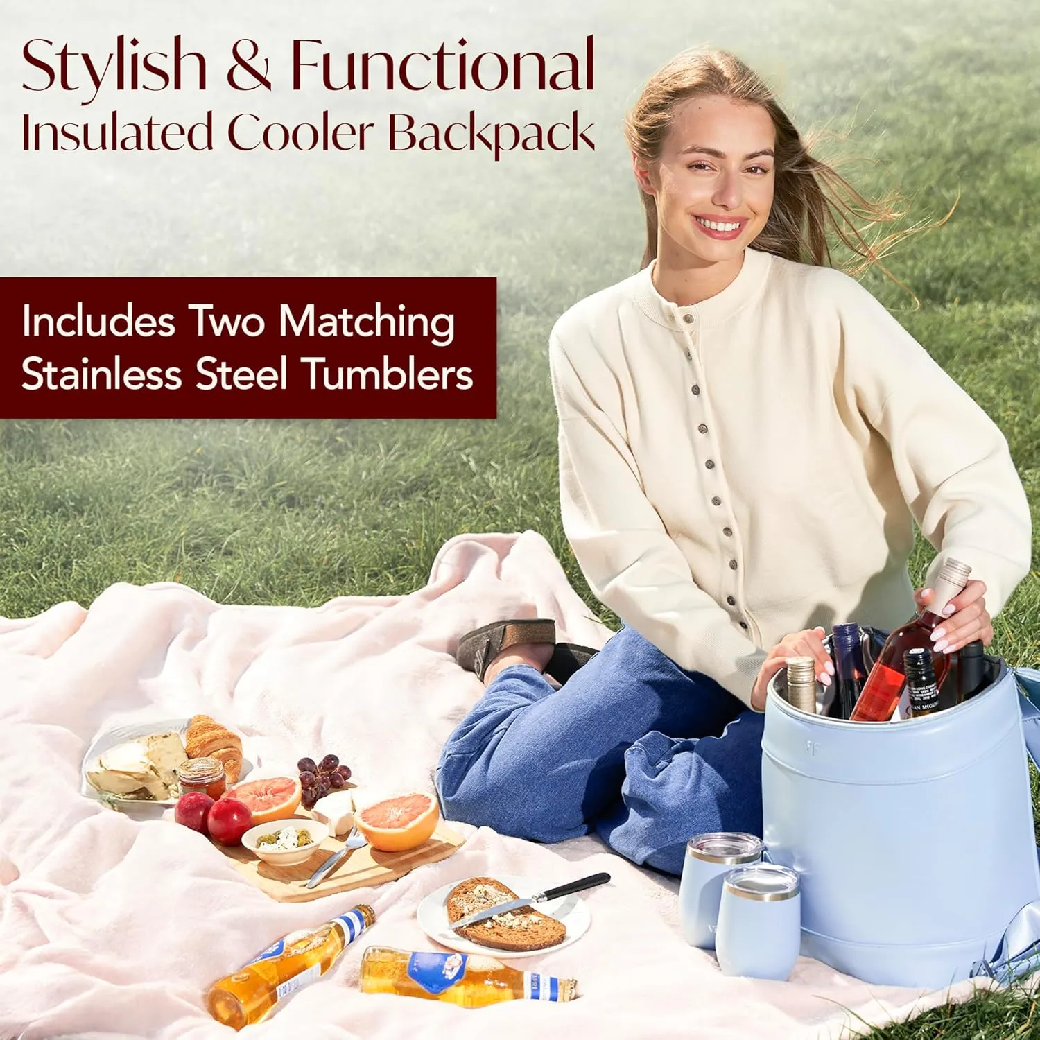 Insulated Cooler Backpack with 2 Stainless Steel Wine Tumblers – Leakproof & Spillproof Stylish Vegan Leather Picnic Cooler Bag – Lightweight & Portable – Holds 24 Cans or 6 Wine Bottles