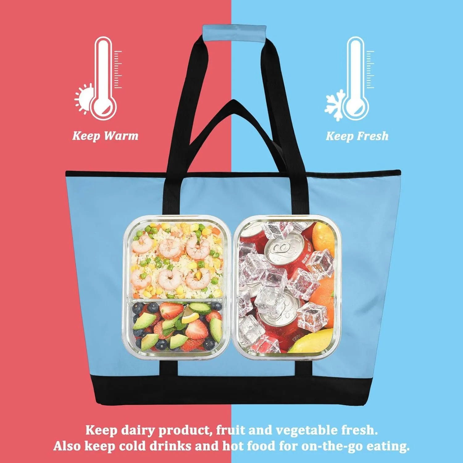 Insulated Cooler Tote Bag Keeps Food Hot or Cold Reusable Shopping Bags for Groceries with Zipper for Beach Travel Picnics