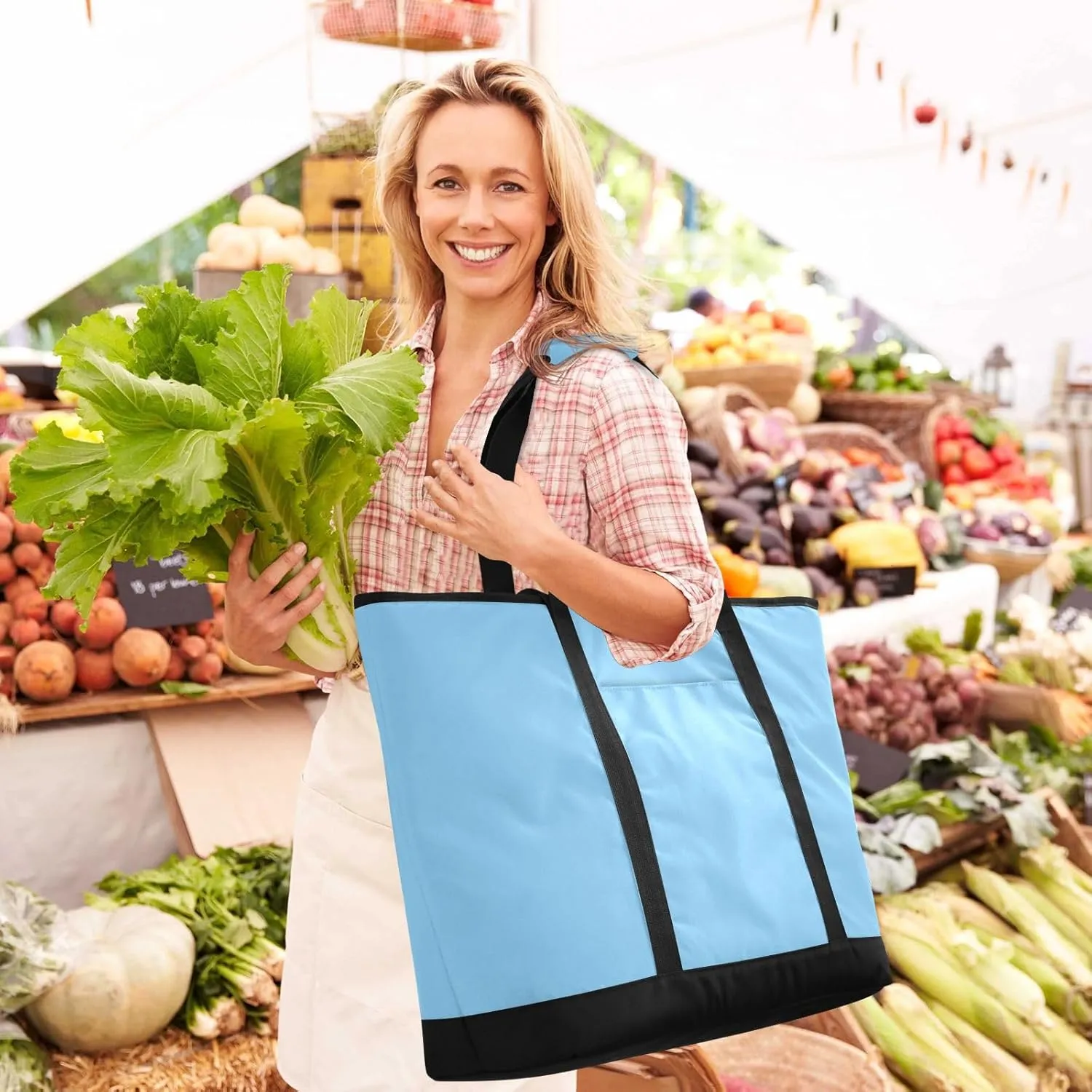 Insulated Cooler Tote Bag Keeps Food Hot or Cold Reusable Shopping Bags for Groceries with Zipper for Beach Travel Picnics