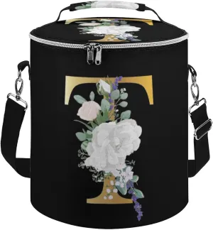 Insulated Leakproof Picnic Cooler Bag, Floral Alphabet T Letter T Portable Waterproof Beverage-Tote with Adjustable/Removable Strap and Double Zipper Closure for Outdoor Camping Beach Day Travel