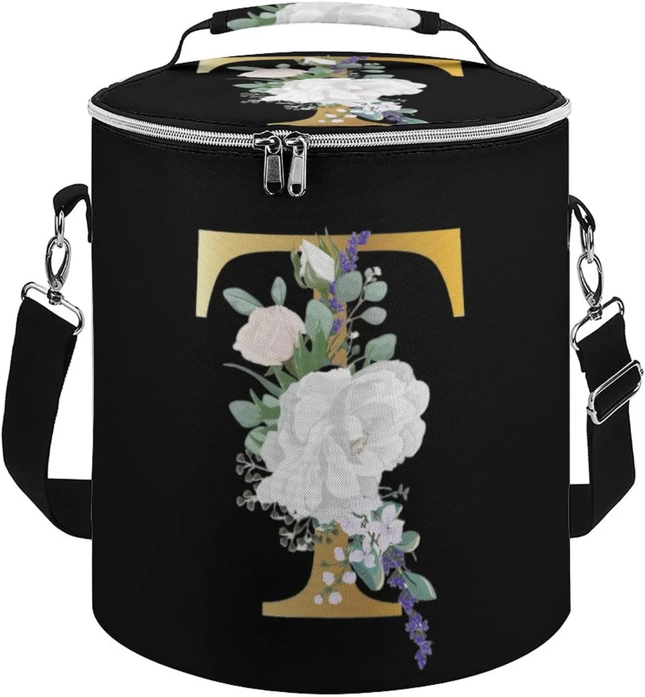 Insulated Leakproof Picnic Cooler Bag, Floral Alphabet T Letter T Portable Waterproof Beverage-Tote with Adjustable/Removable Strap and Double Zipper Closure for Outdoor Camping Beach Day Travel