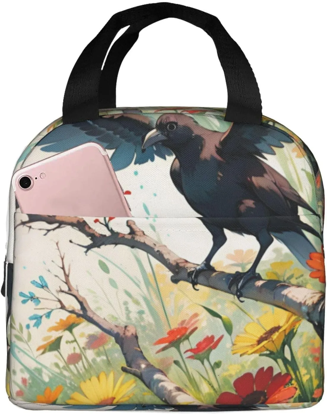 Insulated Lunch Bag for Men Women, Reusable Aluminum Foil Lunch Box, Leakproof Thermal Meal Cooler Shopping Grocery Tote Bag Handbags for Office Work Picnic, Crow Sunflowers Branch