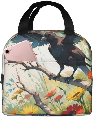 Insulated Lunch Bag for Men Women, Reusable Aluminum Foil Lunch Box, Leakproof Thermal Meal Cooler Shopping Grocery Tote Bag Handbags for Office Work Picnic, Crow Sunflowers Branch