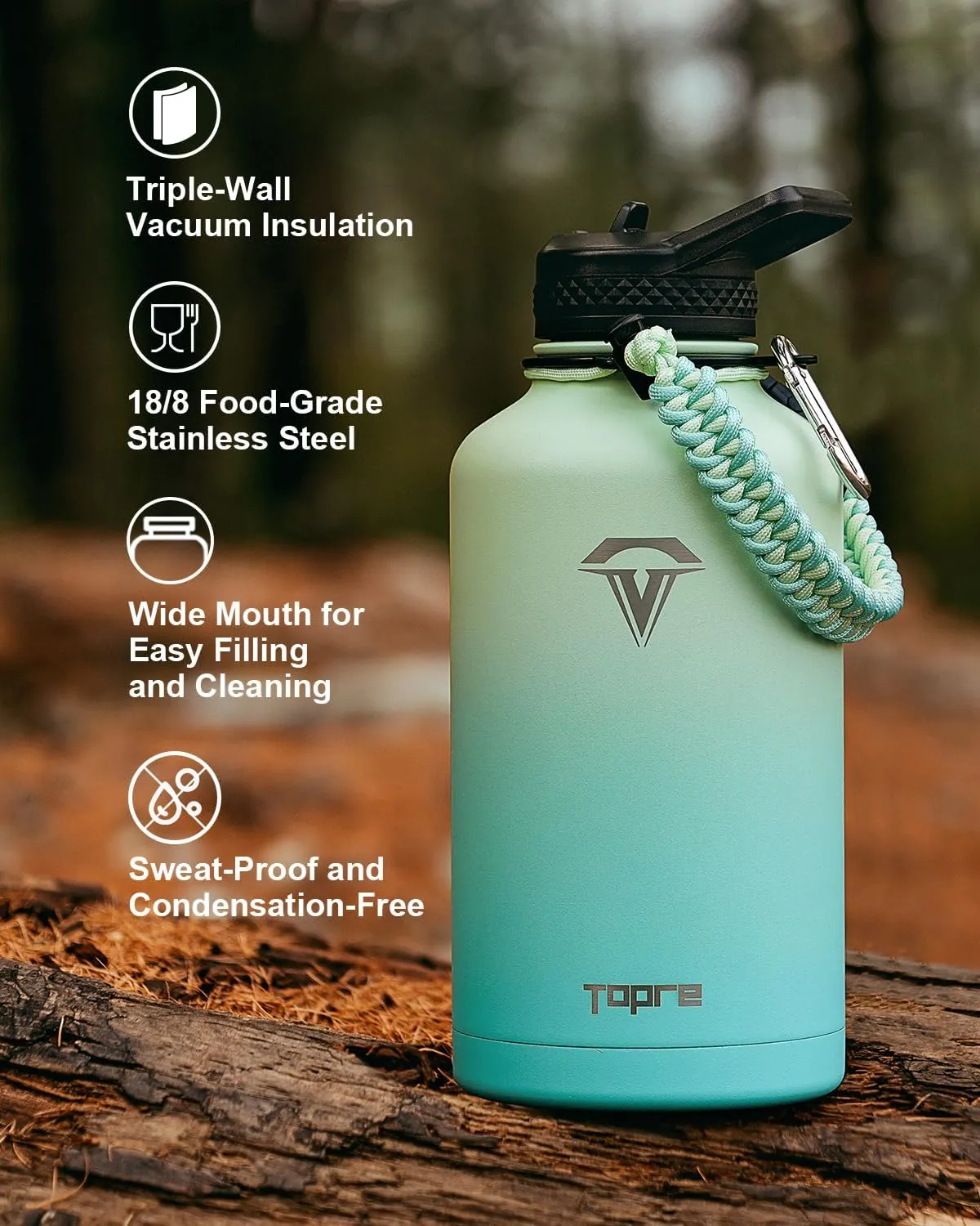 Insulated Water Bottle 64oz,Half Gallon Water Flask Stainless Steel Vacuum, Cold for 48 Hrs,BPA-Free & Leakproof -with Paracord Handle, Strap,Straw Spout Lids,Large Jug for Gym Sports,Green