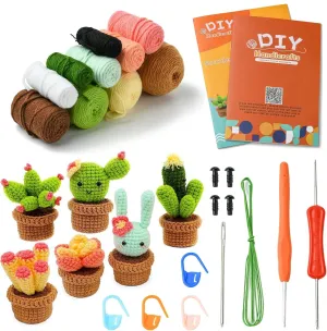 Ipotkitt 1 Set Colorful Wool Yarn Plant Pot Knitting Kit Cactus Crochet Kits Succulent Knitting Supplies with Step-by-Step Tutorials for DIY Home Party Decor