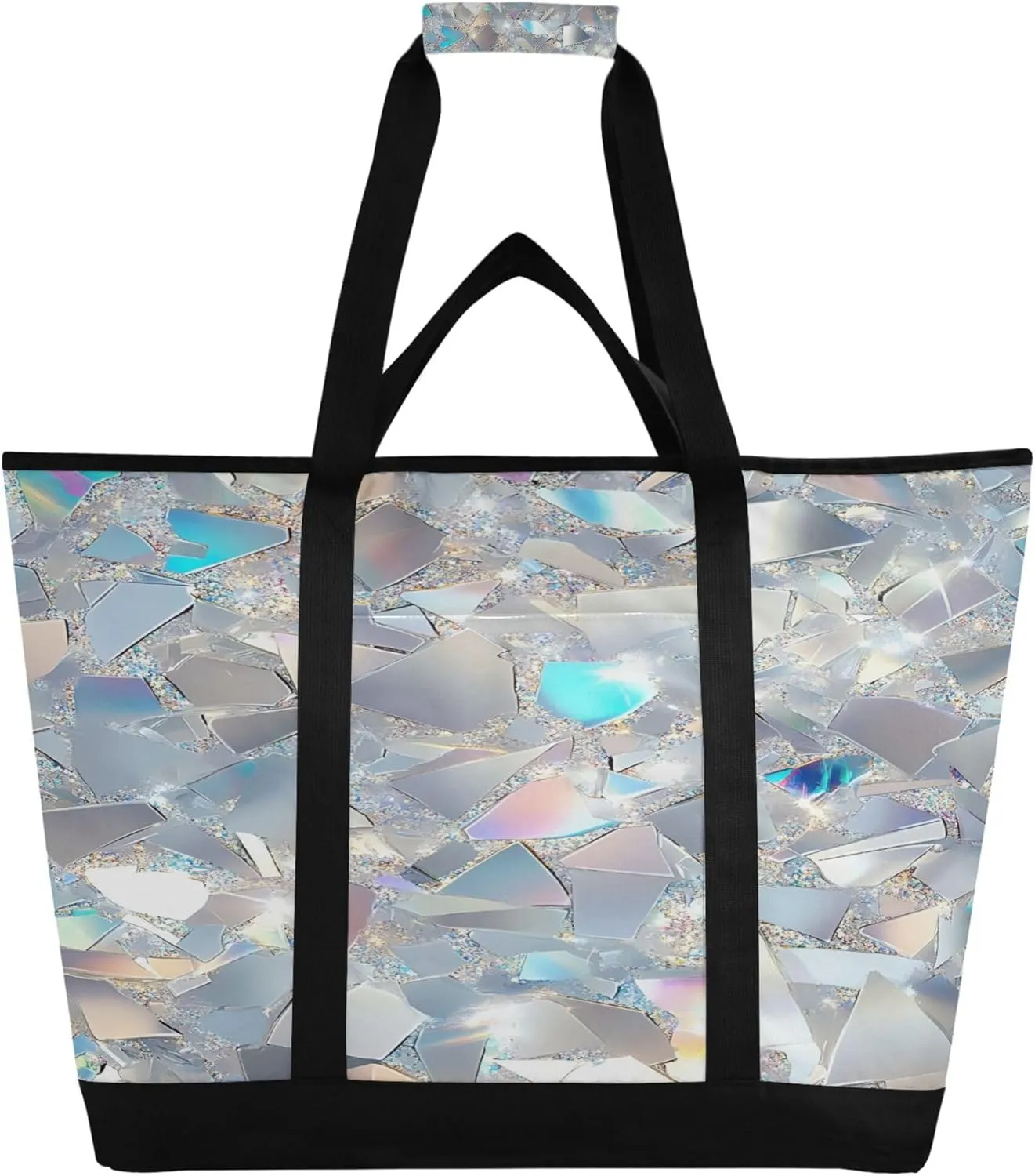 Iridescent Glitter Reusable Insulated Cooler Bag with Ice Pack Compartment - Large 47L Waterproof Thermal Grocery Tote for Picnic Beach Camping Lunch Storage