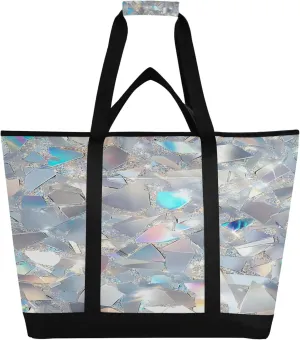 Iridescent Glitter Reusable Insulated Cooler Bag with Ice Pack Compartment - Large 47L Waterproof Thermal Grocery Tote for Picnic Beach Camping Lunch Storage