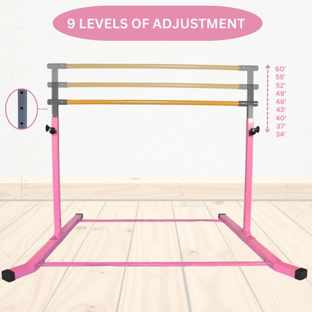 Iron Bar Gymnastics Bar Horizontal Bar 5 FT Height Adjustable Kip Bar Full Set   6 FT x 4 FT Tumble Mat   8 FT Adjustable Balance Beam for Kids Gymnasts, Boys Girls Home Gymnastic Training Set Pink