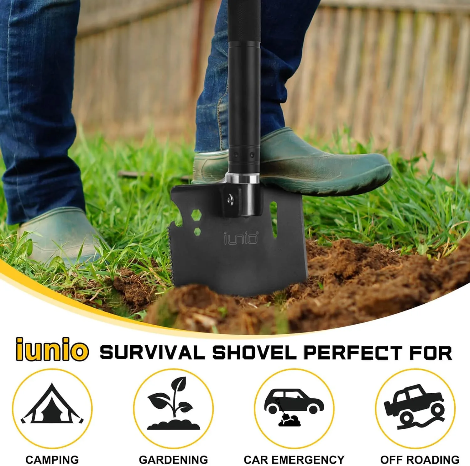 iunio 28in Folding Survival Shovel, Heavy-Duty Carbon Steel Military Entrenching Tool for Disaster Recovery, Car Emergency，Camping, Off-Road, Gardening, Backpacking and Metal Detecting