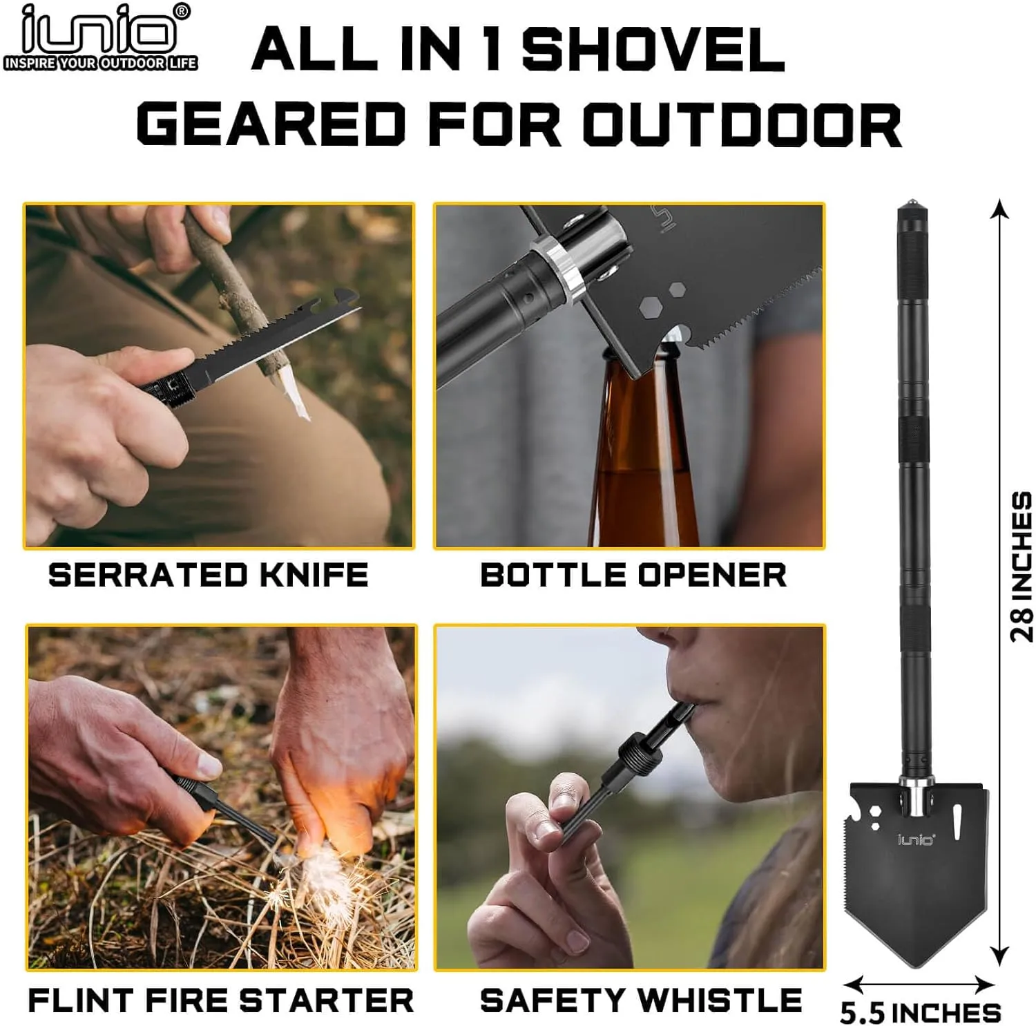 iunio 28in Folding Survival Shovel, Heavy-Duty Carbon Steel Military Entrenching Tool for Disaster Recovery, Car Emergency，Camping, Off-Road, Gardening, Backpacking and Metal Detecting