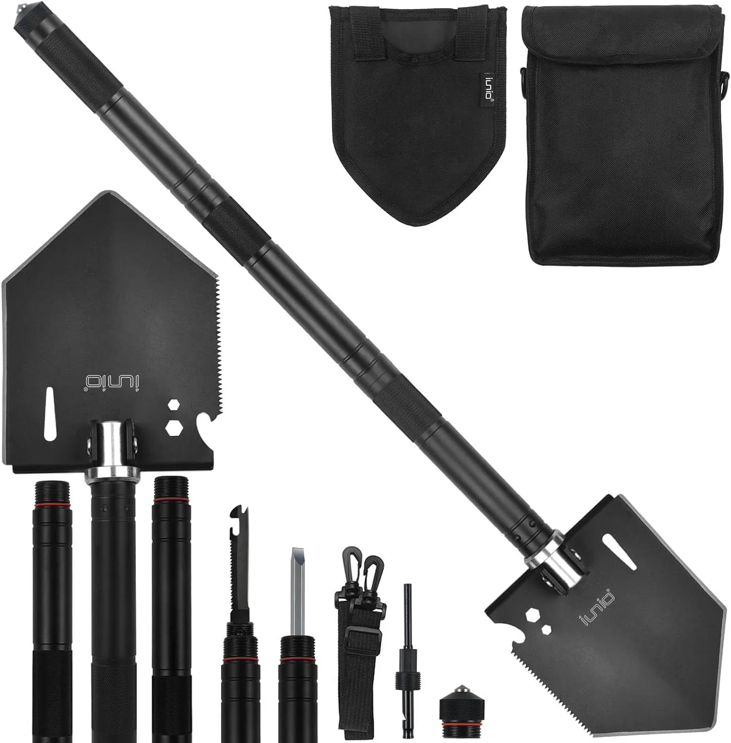 iunio 28in Folding Survival Shovel, Heavy-Duty Carbon Steel Military Entrenching Tool for Disaster Recovery, Car Emergency，Camping, Off-Road, Gardening, Backpacking and Metal Detecting