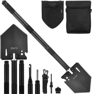 iunio 28in Folding Survival Shovel, Heavy-Duty Carbon Steel Military Entrenching Tool for Disaster Recovery, Car Emergency，Camping, Off-Road, Gardening, Backpacking and Metal Detecting