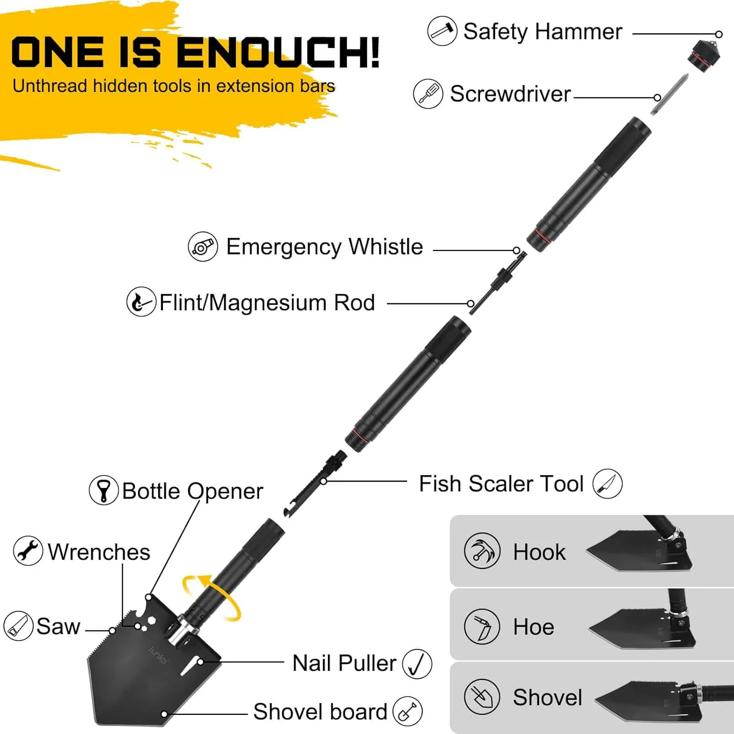 iunio 28in Folding Survival Shovel, Heavy-Duty Carbon Steel Military Entrenching Tool for Disaster Recovery, Car Emergency，Camping, Off-Road, Gardening, Backpacking and Metal Detecting