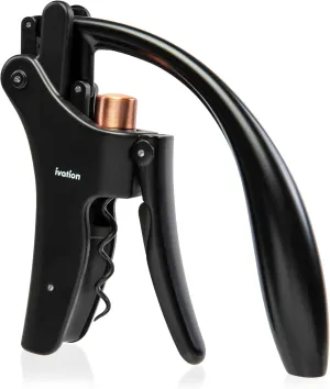 Ivation Wine Bottle Opener | Manual Handheld Corkscrew with Ergonomic Lever Pump, Standing Vertical Design, Soft Bottleneck Grip, Nonstick Screw & Easy No-Twist Cork Removal | Black & Bronze Stainless