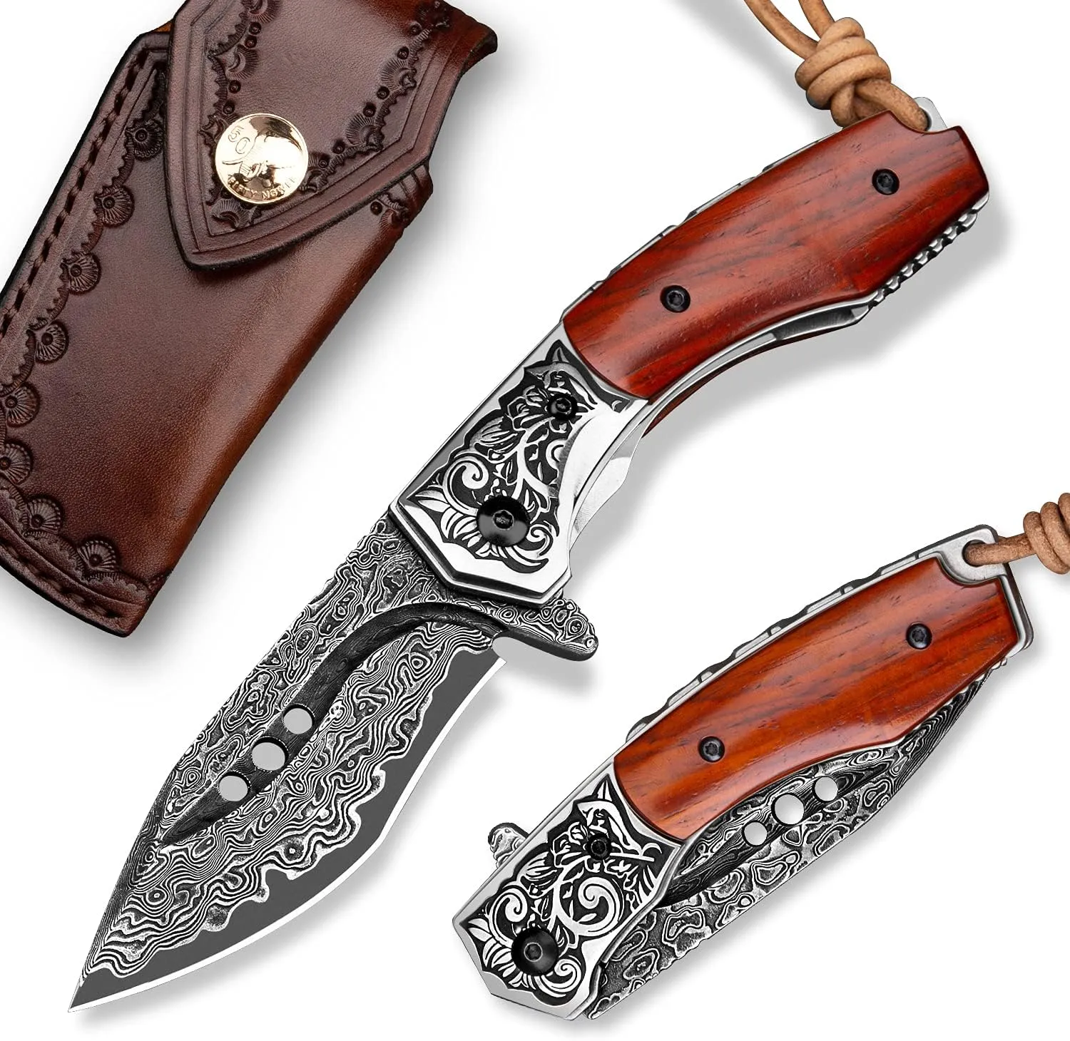 japanese handmade damascus steel folding pocket knife with leather sheath,liner lock rosewood handle,3.1in tanto blade edc knives for men camping