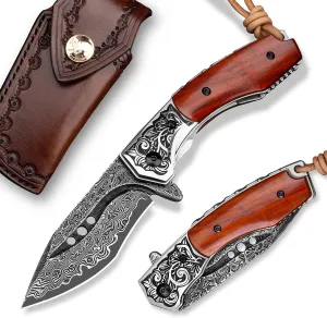 japanese handmade damascus steel folding pocket knife with leather sheath,liner lock rosewood handle,3.1in tanto blade edc knives for men camping