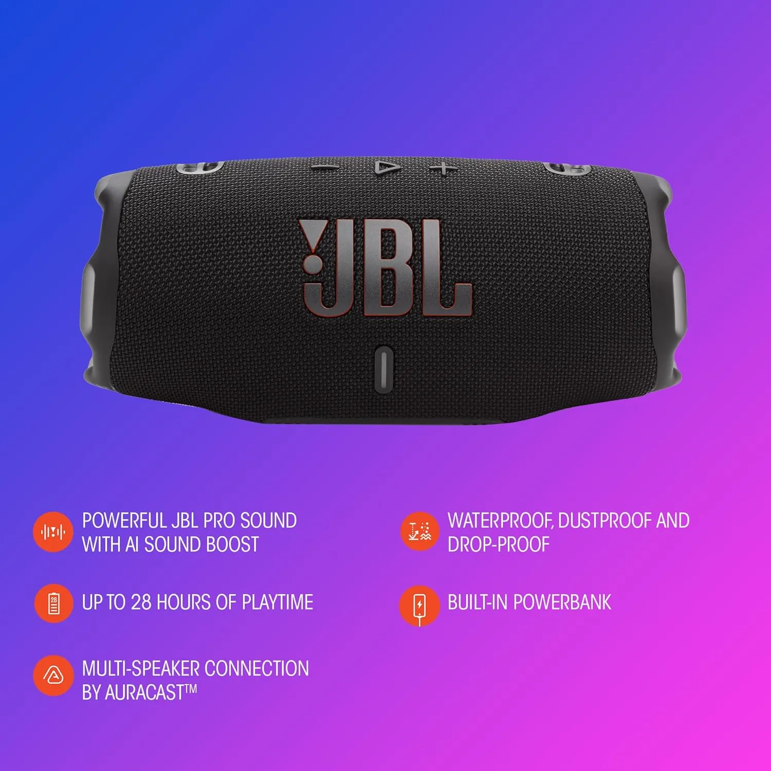 JBL Charge 6 - Portable Waterproof & Drop-Proof Bluetooth Speaker, Bold Pro Sound with AI Sound Boost, 28Hrs of Playtime, Built-in powerbank & Comes with a Sturdy/Removable Carrying Strap (Black)