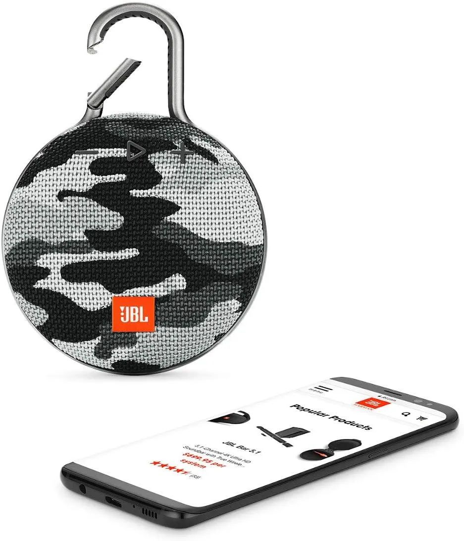 JBL Clip 3, Black Camo - Waterproof, Durable & Portable Bluetooth Speaker - Up to 10 Hours of Play - Includes Noise-Cancelling Speakerphone & Wireless Streaming