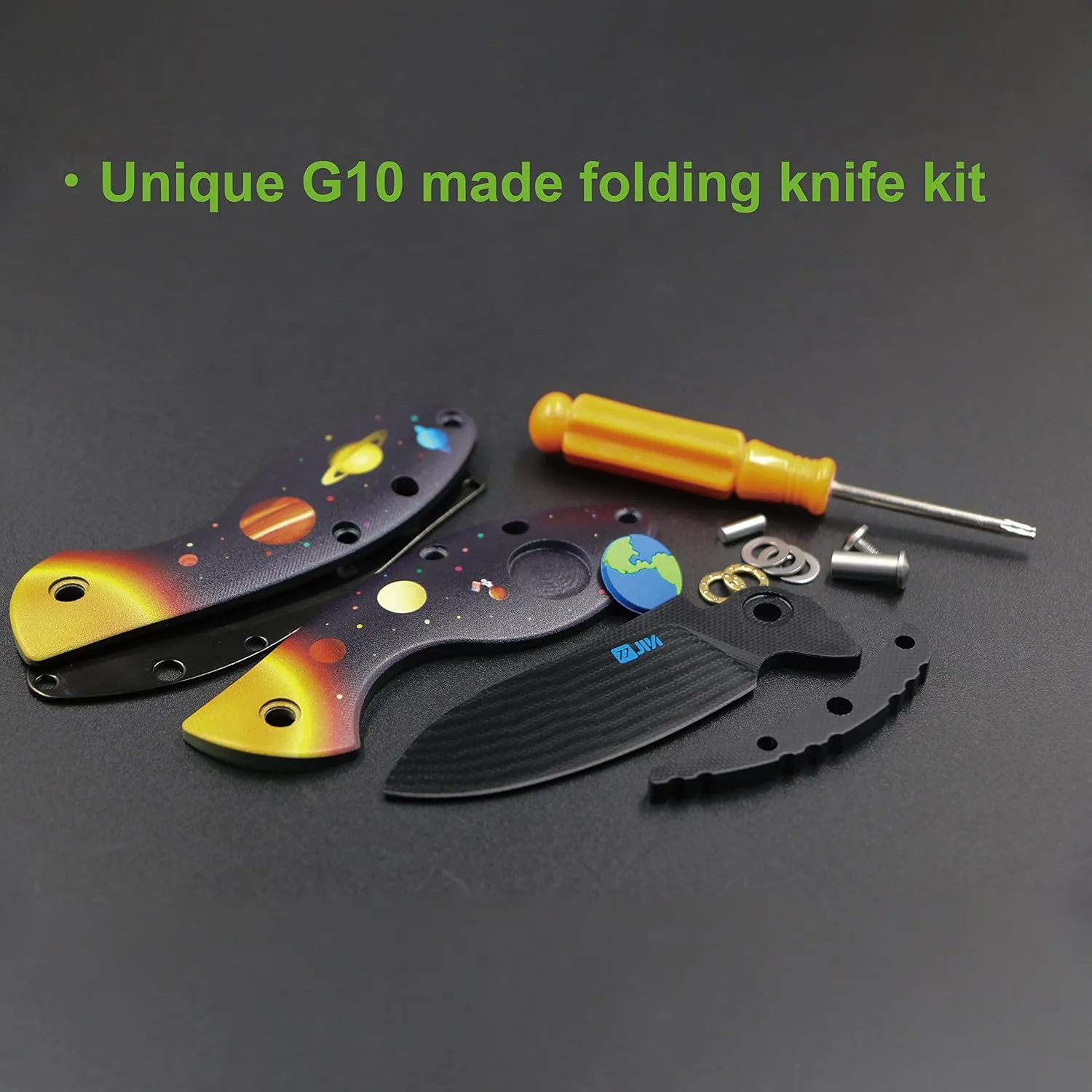 JIN Starry Kids Knife, Fidget Toy Knives, G10 Dull Blade, Folding EDC, DIY Kit, Safe for Child, G10 Handle with Solar System Printing, Camping Tool