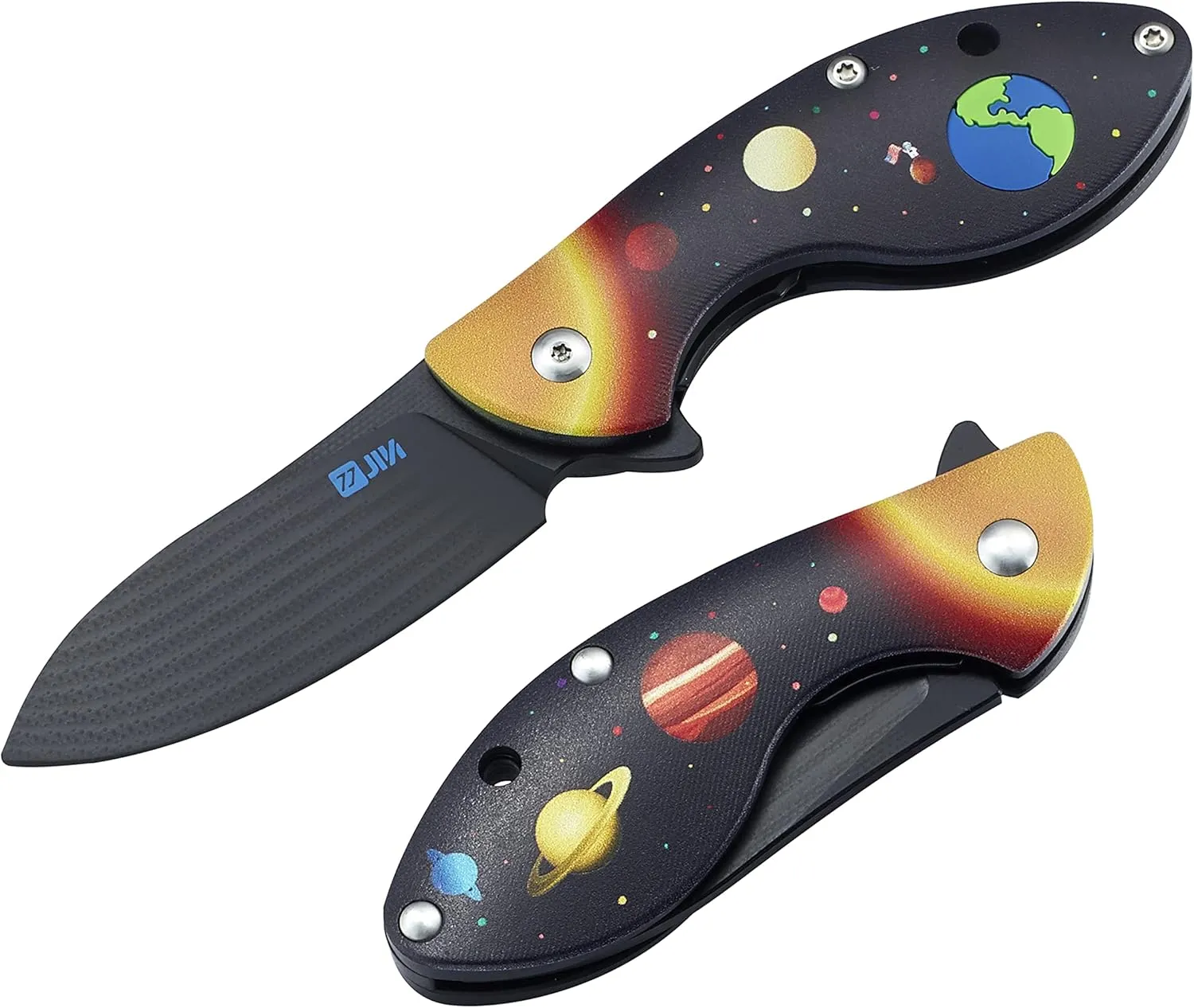 JIN Starry Kids Knife, Fidget Toy Knives, G10 Dull Blade, Folding EDC, DIY Kit, Safe for Child, G10 Handle with Solar System Printing, Camping Tool