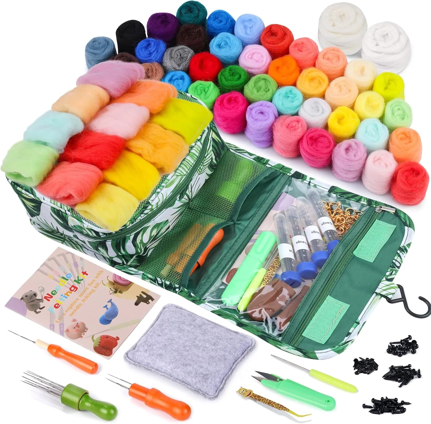 JNENERY Needle Felting Kit, 42 Colors Wool Roving Starter Kit, Needle Felting Starter Kits, Needle Felting Wool with Felt Tools, Instructions, Green Storage Bag for Felted Animal