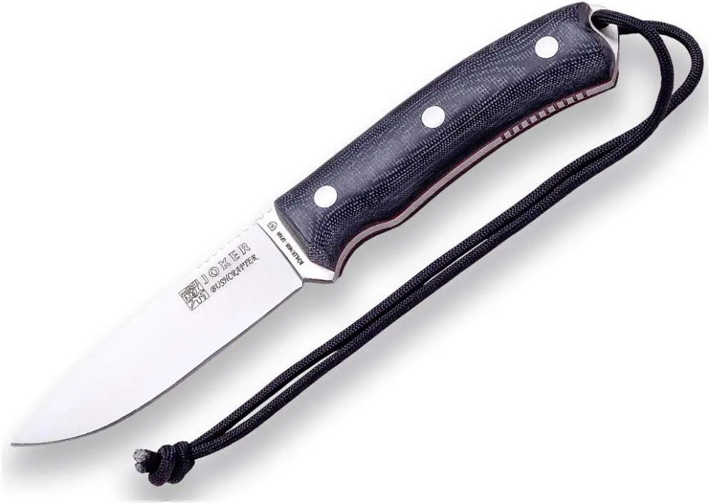 Joker Bushcraft Bushcrafter Survival knife CM120, black leather Sheath, 4.13 inches blade of Böhler N695 Steel, black Micarta handle, Tool for fishing, Hunting, camping and hiking