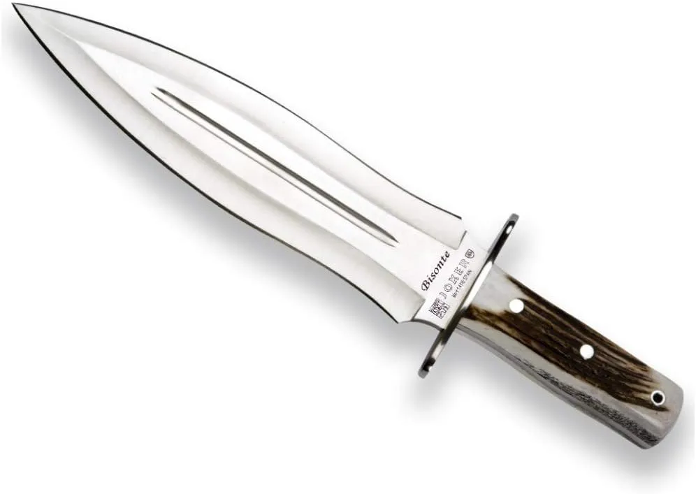 Joker Hunting knife CC44 Bisonte, with deer horn handle, 10 inches blade, with brown leather sheath, fishing tool, Hunting, camping and hiking.