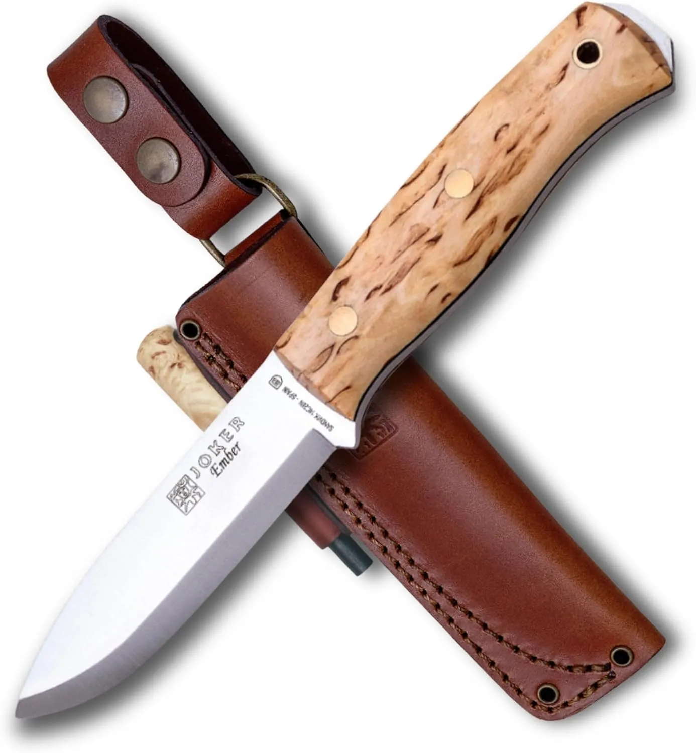 Joker Hunting Knife Ember Scandi CL122-P, with leather Sheath and Fire Starter included, blade 4.13 inches of Sandvik steel 14C28N, Tool for fishing, Hunting, camping and hiking
