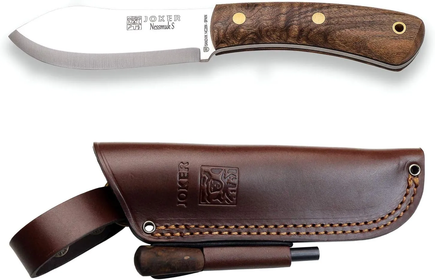 Joker Knife Nessmuk S 132, 4.3 in. Blade Sandvik 14C28N, Birch and Walnut Handle, Brown Leather Sheath, Fishing, Hunting, Camping and Trekking Tool (Walnut Wood, Leather Sheath With Firestarter)