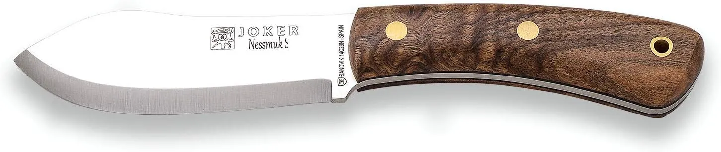 Joker Knife Nessmuk S 132, 4.3 in. Blade Sandvik 14C28N, Birch and Walnut Handle, Brown Leather Sheath, Fishing, Hunting, Camping and Trekking Tool (Walnut Wood, Leather Sheath With Firestarter)