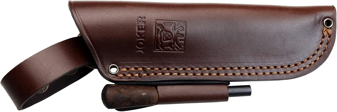 Joker Knife Nessmuk S 132, 4.3 in. Blade Sandvik 14C28N, Birch and Walnut Handle, Brown Leather Sheath, Fishing, Hunting, Camping and Trekking Tool (Walnut Wood, Leather Sheath With Firestarter)