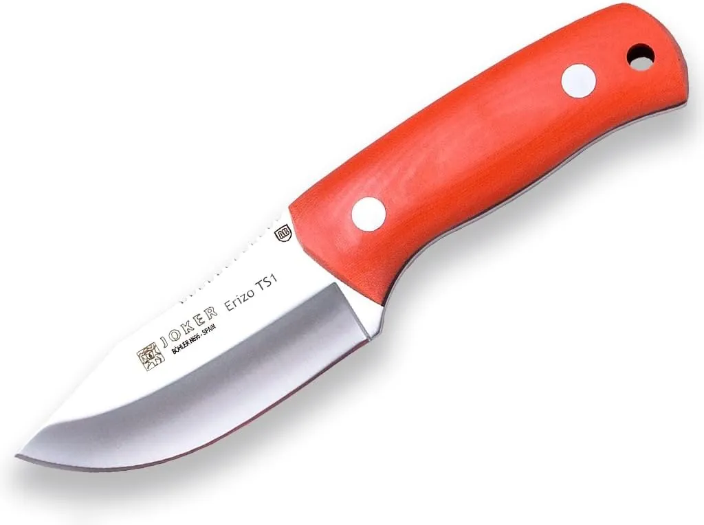 Joker "Erizo TS1 CN81-K Skinning Knife, 2.95-inch Blade, Orange Canvas Micarta Handle, Black Kydex Sheath, Fishing, Hunting, Camping, and Hiking Tool.