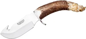 Joker Skinning Knife Jabato CT28, Hand Carved, Deer Horn Handle, 4.33 inches Blade, Brown Leather Sheath, Tool for Fishing, Hunting, Camping and Hiking
