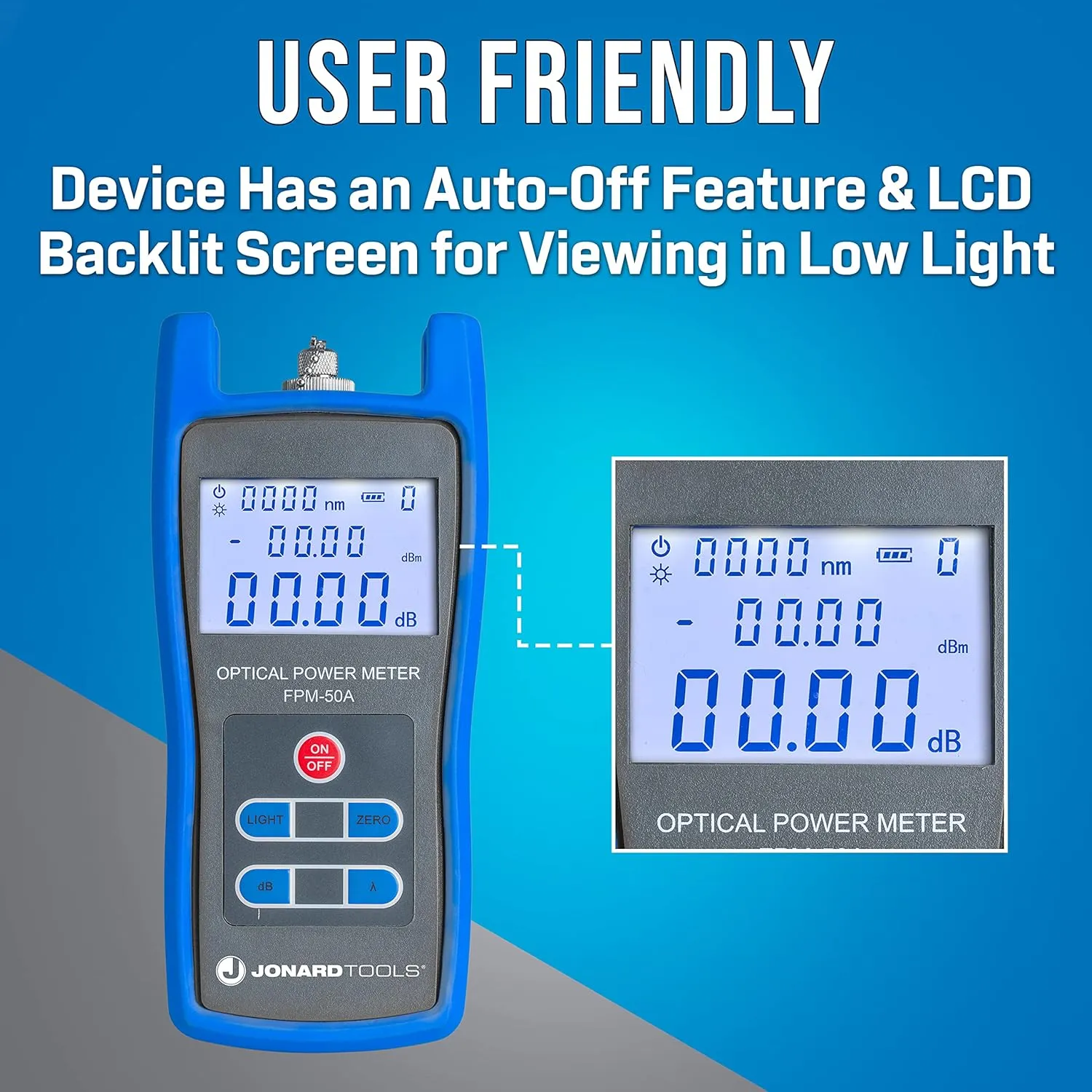 Jonard Tools FPM-50A High Precision Fiber Optic Power Meter (-50 to  26 dBm) with FC/SC/LC Adapters for PC/UPC/APC Connectors with Included Carry Case