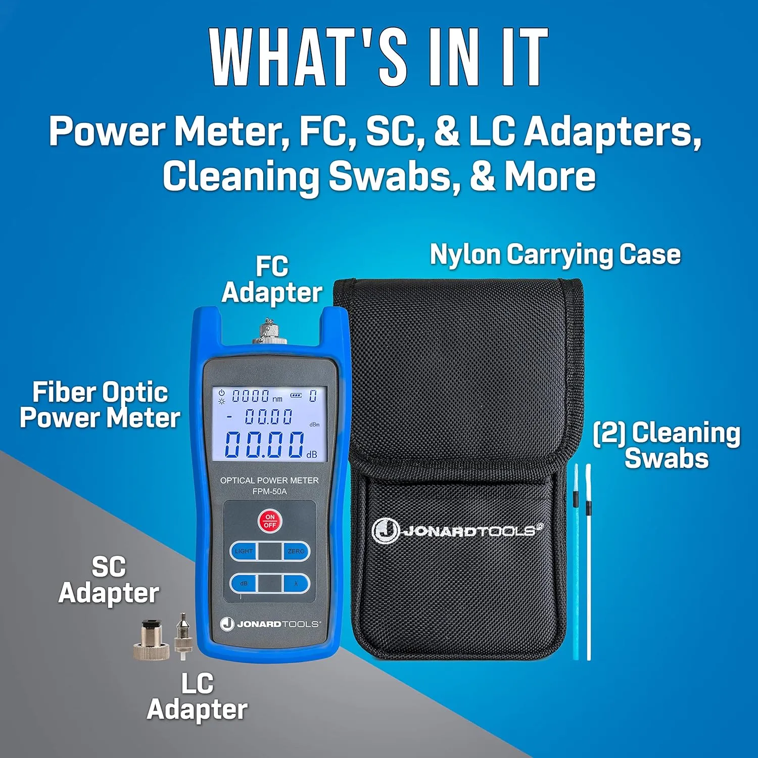 Jonard Tools FPM-50A High Precision Fiber Optic Power Meter (-50 to  26 dBm) with FC/SC/LC Adapters for PC/UPC/APC Connectors with Included Carry Case