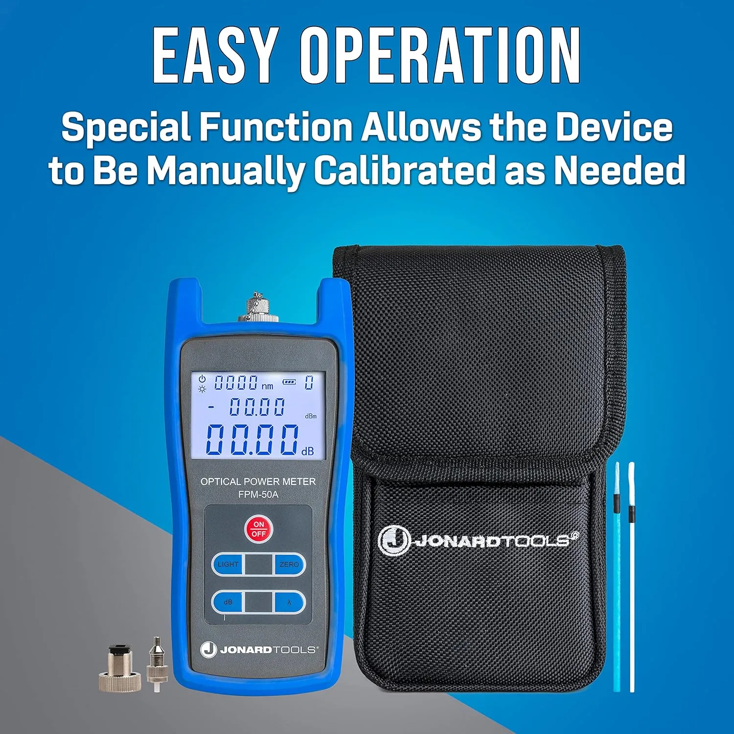 Jonard Tools FPM-50A High Precision Fiber Optic Power Meter (-50 to  26 dBm) with FC/SC/LC Adapters for PC/UPC/APC Connectors with Included Carry Case