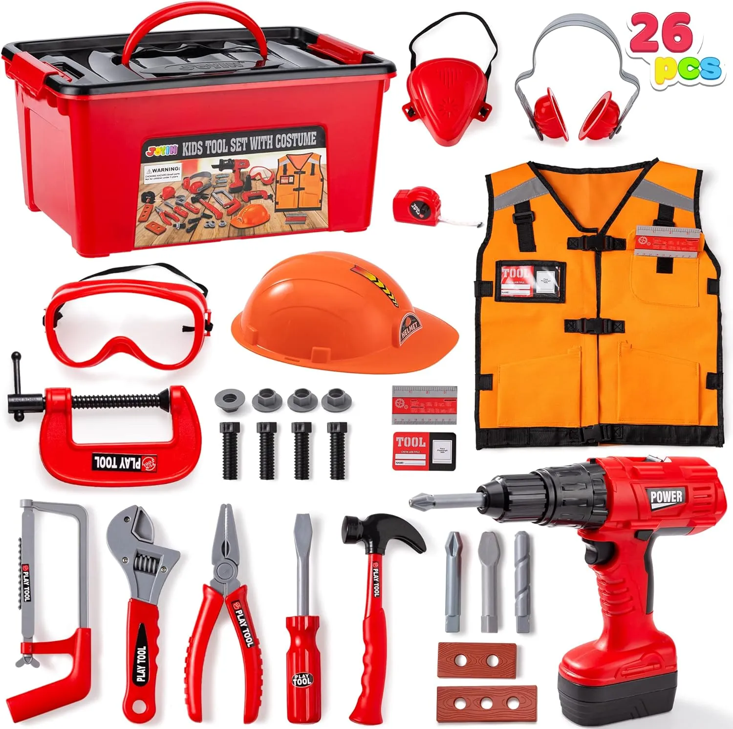 JOYIN 26Pcs Kid Tool Set, Pretend Play Toddler Tool Toy with Construction Worker Costume & Electronic Toy Drill in Storage Box for Boy Girl Halloween Present Birthday Dress Up Party
