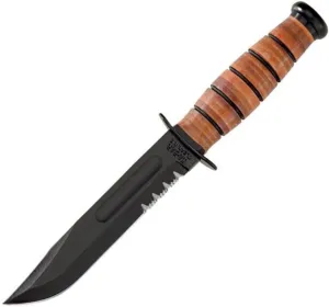 Ka-Bar 1252 KA bar, Short KA bar, 1 4" Serrated Edge, Brown Leather Sheath, USMC , black