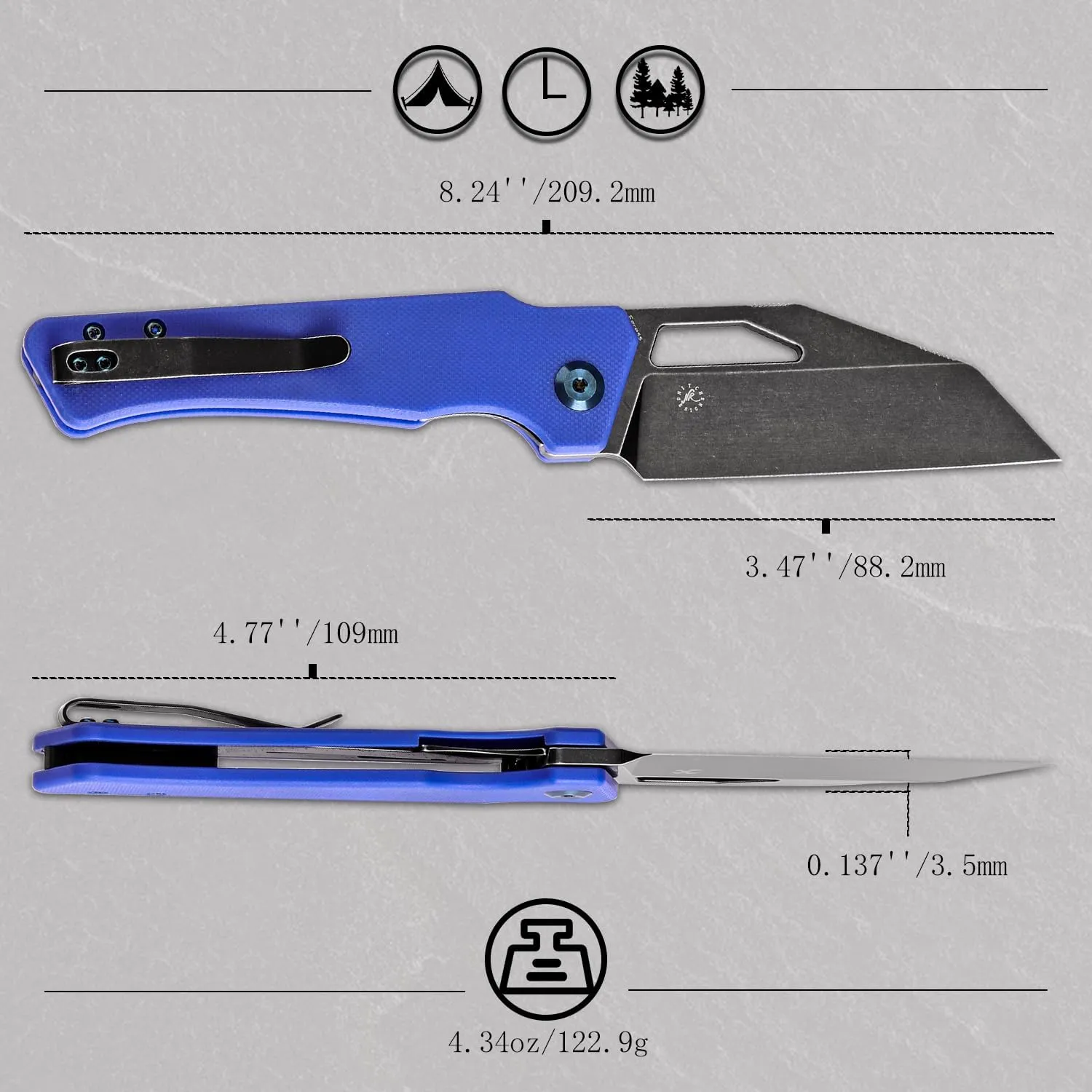 KANSEPT Egress Pocket Knives 8.24in Folding Knife with Black Stonewashed 14C28N Blade, Blue G10 Handle, Pocket Tactical Knife for Men Women, Envelope Opener with Thumb hole T1033A2