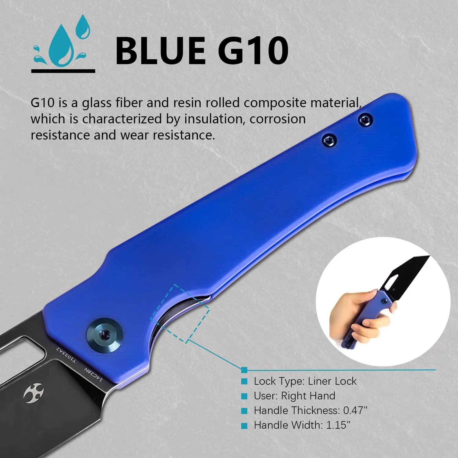 KANSEPT Egress Pocket Knives 8.24in Folding Knife with Black Stonewashed 14C28N Blade, Blue G10 Handle, Pocket Tactical Knife for Men Women, Envelope Opener with Thumb hole T1033A2
