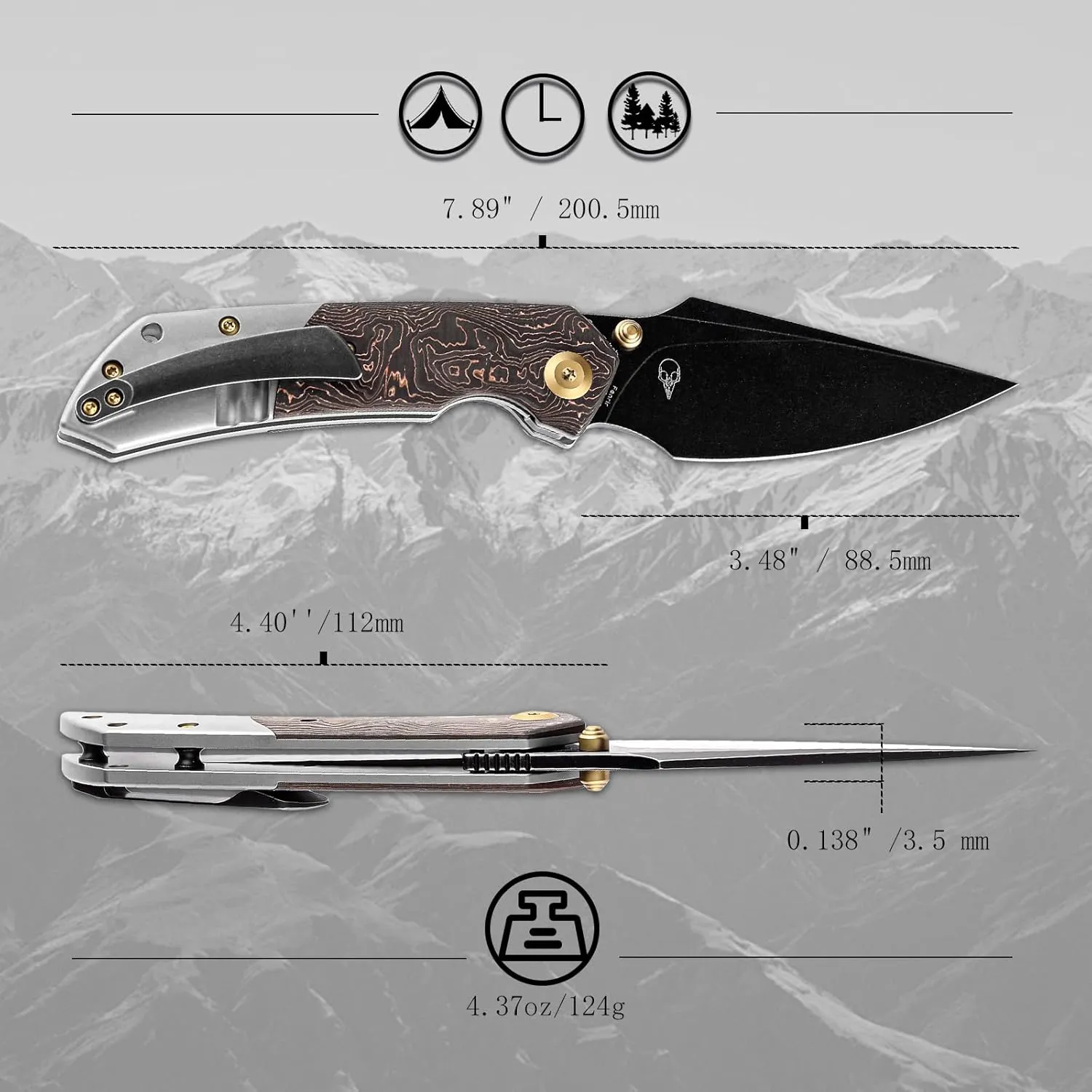 KANSEPT Fenrir Pocket Folding Knives for Men EDC Camping EDC Knives 3.48'' CPM-S35VN Material Pocket Folding Knives with Titanium   Copper Carbon Fiber Handle Everyday Carry K1034A9