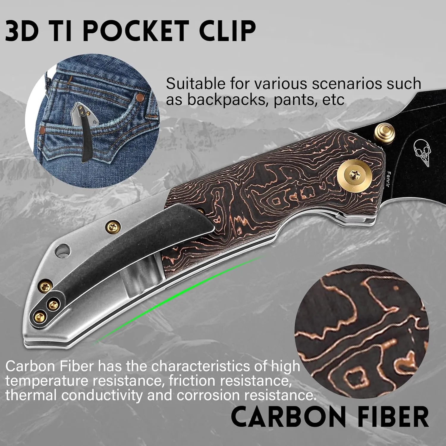 KANSEPT Fenrir Pocket Folding Knives for Men EDC Camping EDC Knives 3.48'' CPM-S35VN Material Pocket Folding Knives with Titanium   Copper Carbon Fiber Handle Everyday Carry K1034A9
