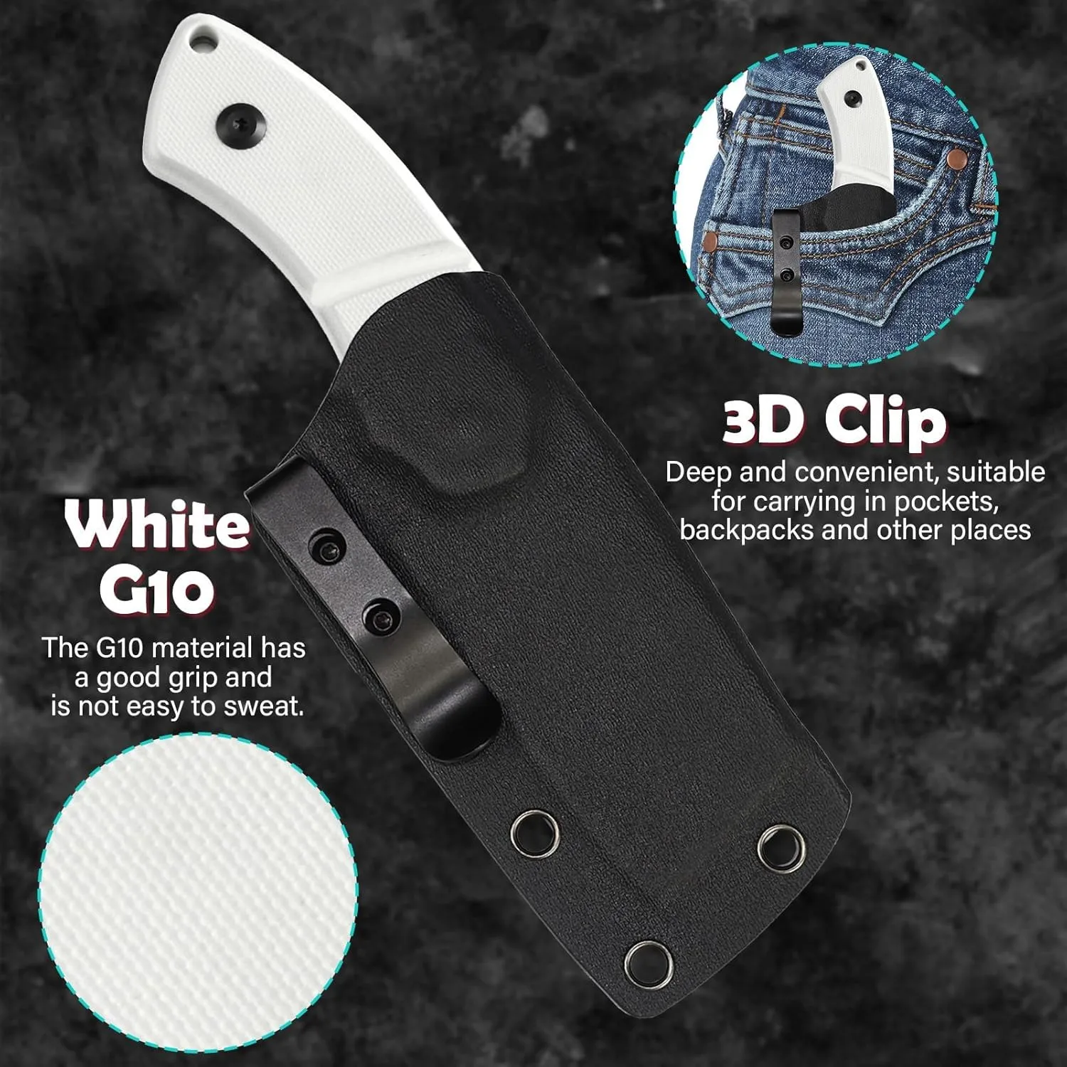 KANSEPT Knives Korvid S Fixed blade Hunting Camping Hiking Knife with 2.9''14C28N Blade Cleaver White G10 Handle, Kydex Sheath for Men Women Everyday Carry G2030A2