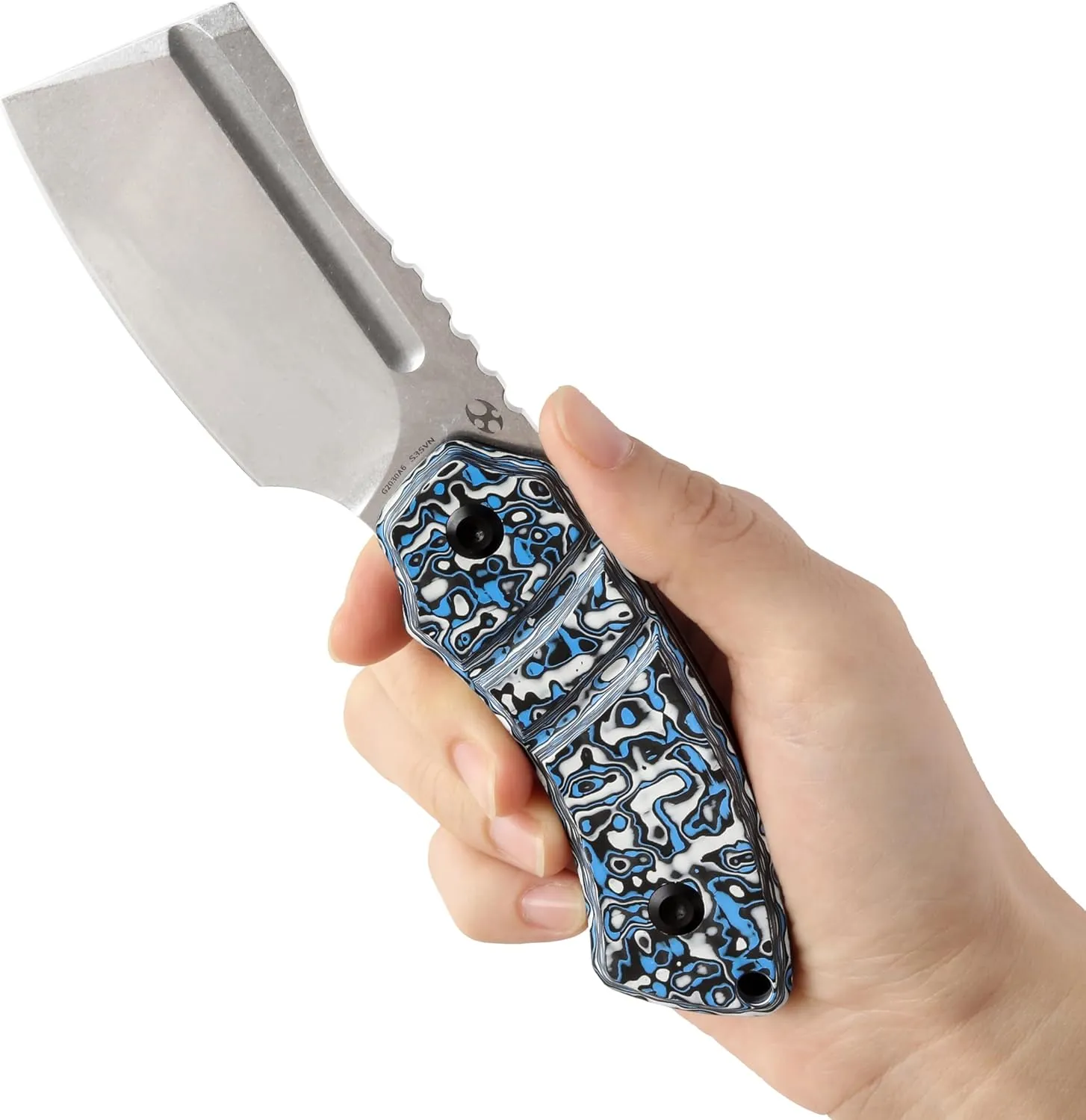 KANSEPT Knives Korvid S Fixed blade Hunting Camping Hiking Knife with 2.9''CPM S35VN Cleaver Blade Blue & White Carbon Fiber Handle, Kydex Sheath for Men WomenEveryday Carry G2030A6