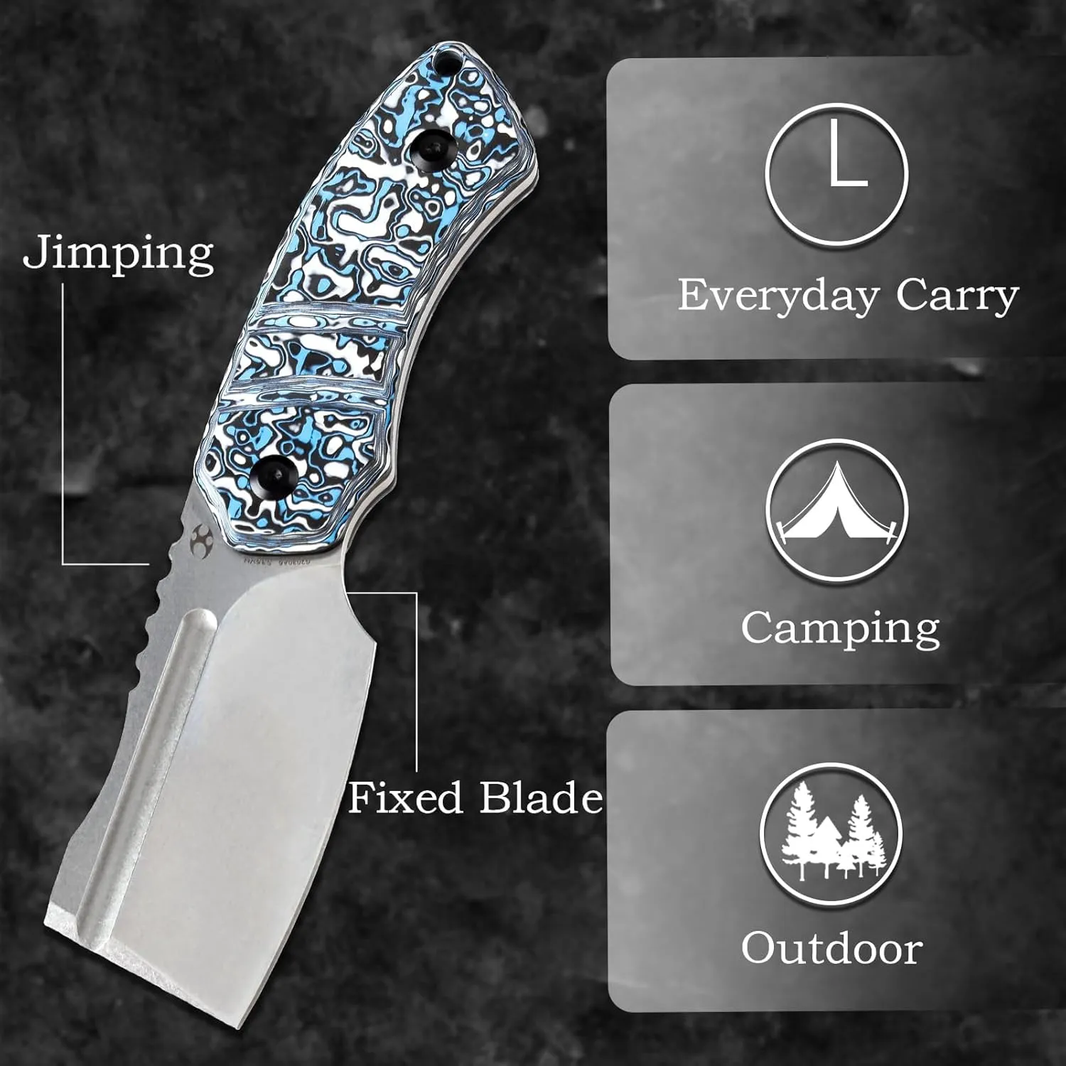 KANSEPT Knives Korvid S Fixed blade Hunting Camping Hiking Knife with 2.9''CPM S35VN Cleaver Blade Blue & White Carbon Fiber Handle, Kydex Sheath for Men WomenEveryday Carry G2030A6